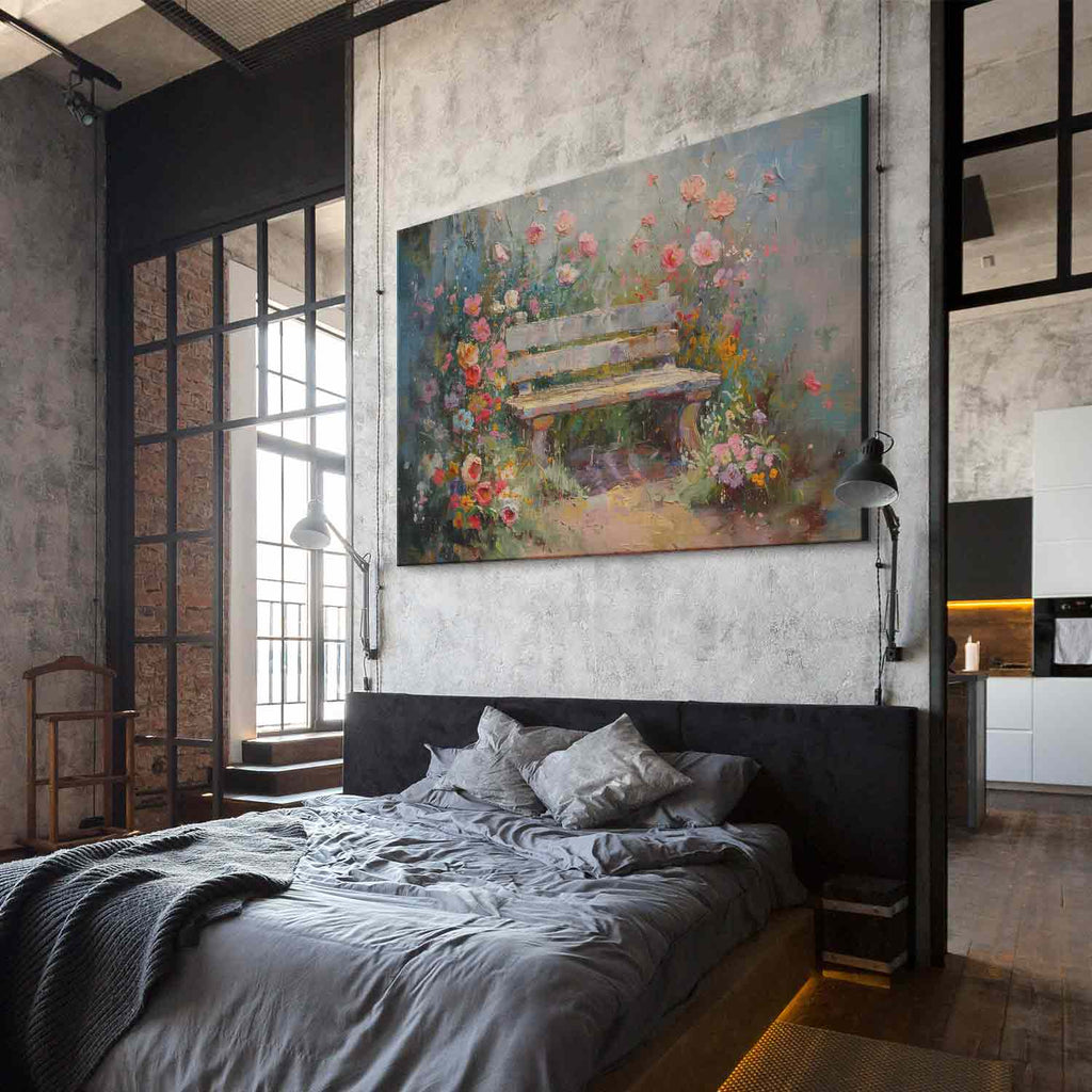 Flowery Bench Impressionist DIY Large Canvas Print