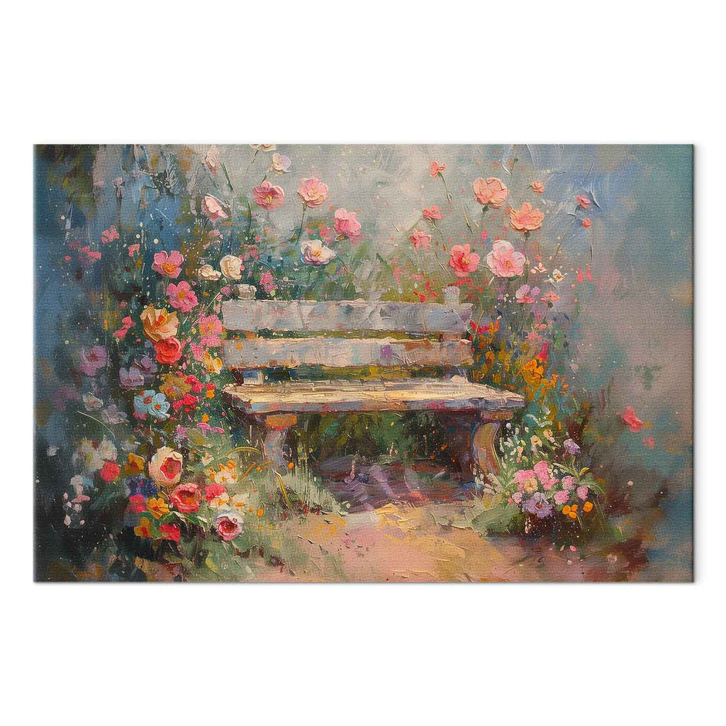 Flowery Garden Bench Impressionist Canvas Print