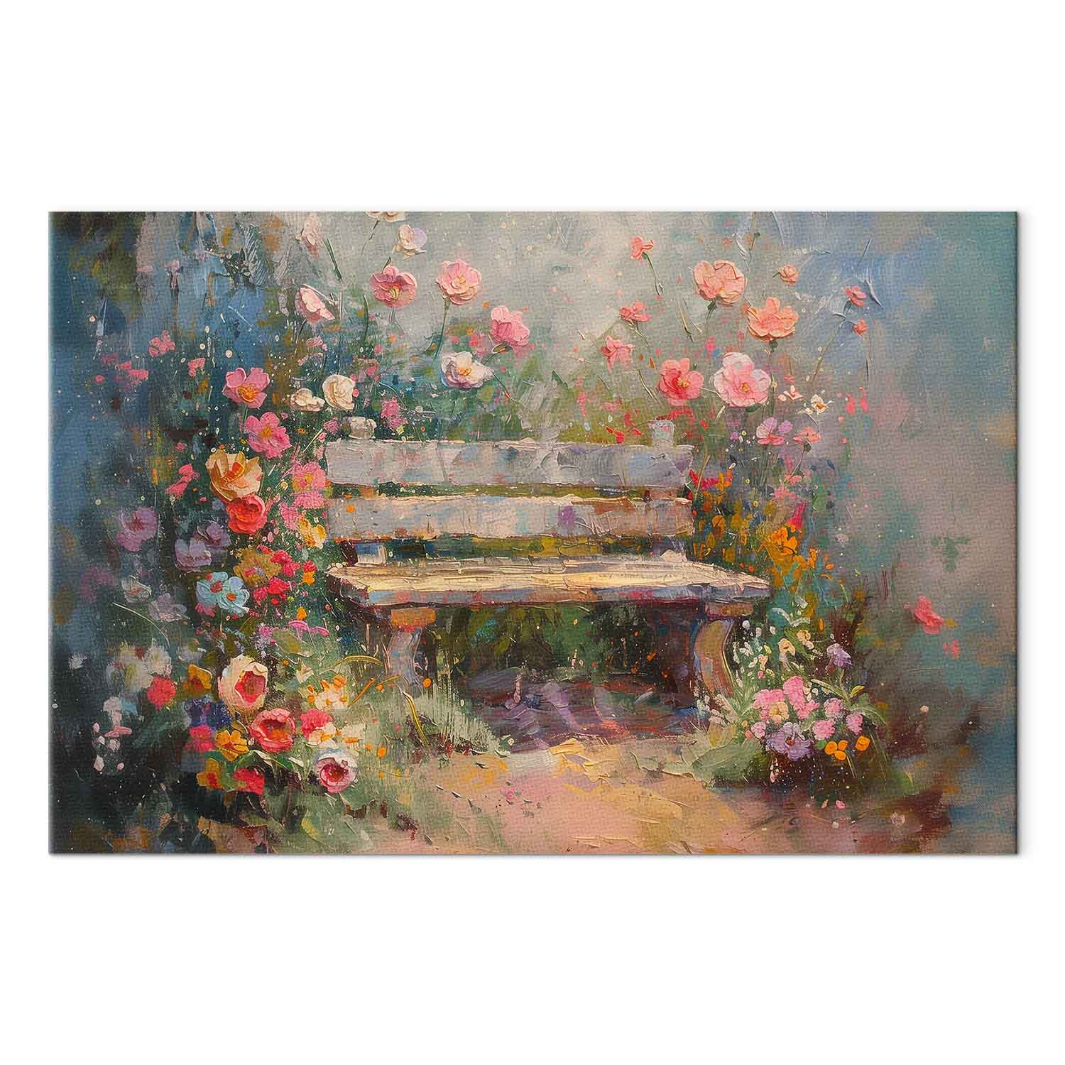 Flowery Garden Bench Impressionist Canvas Print