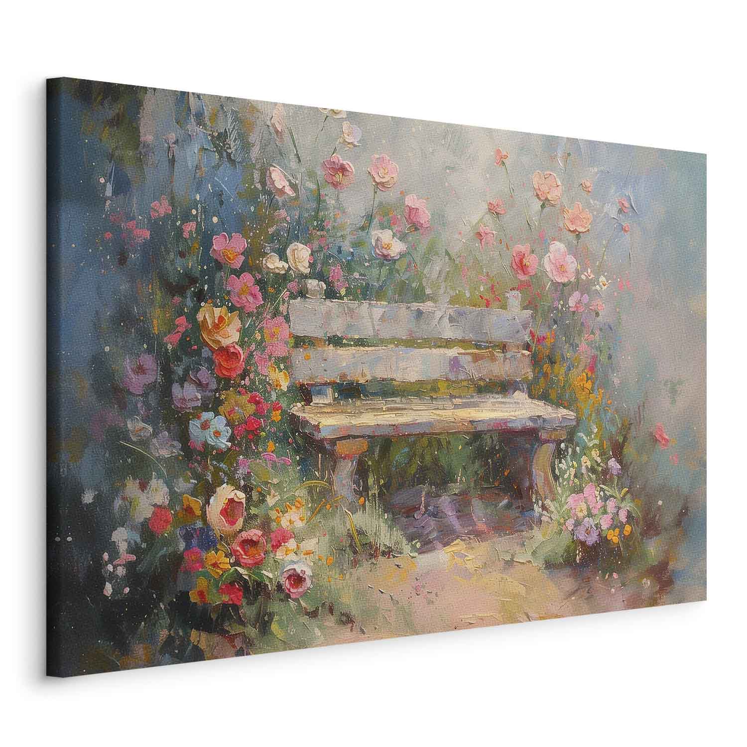 Flowery Garden Bench Impressionist Canvas Print