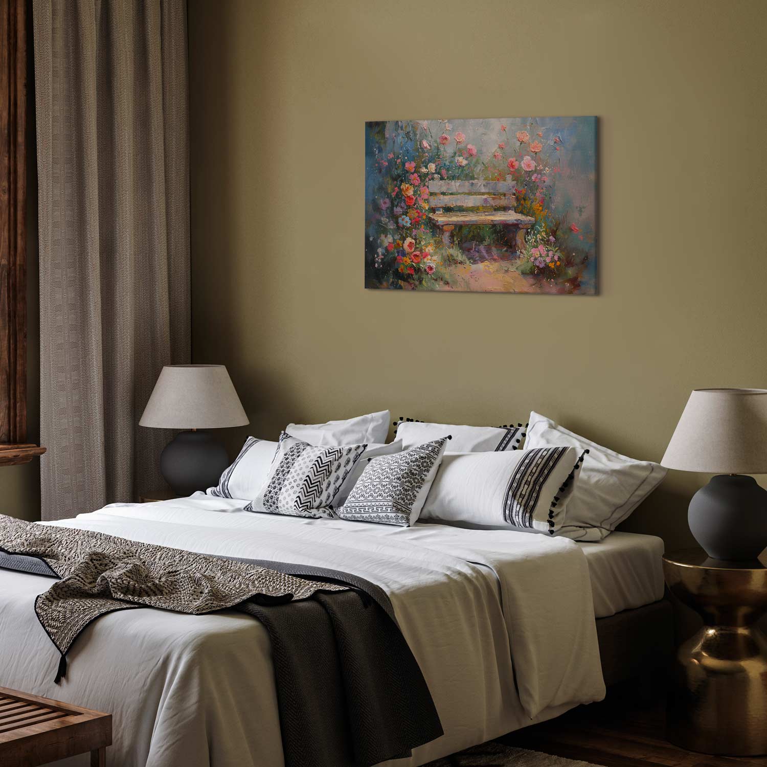 Flowery Garden Bench Impressionist Canvas Print