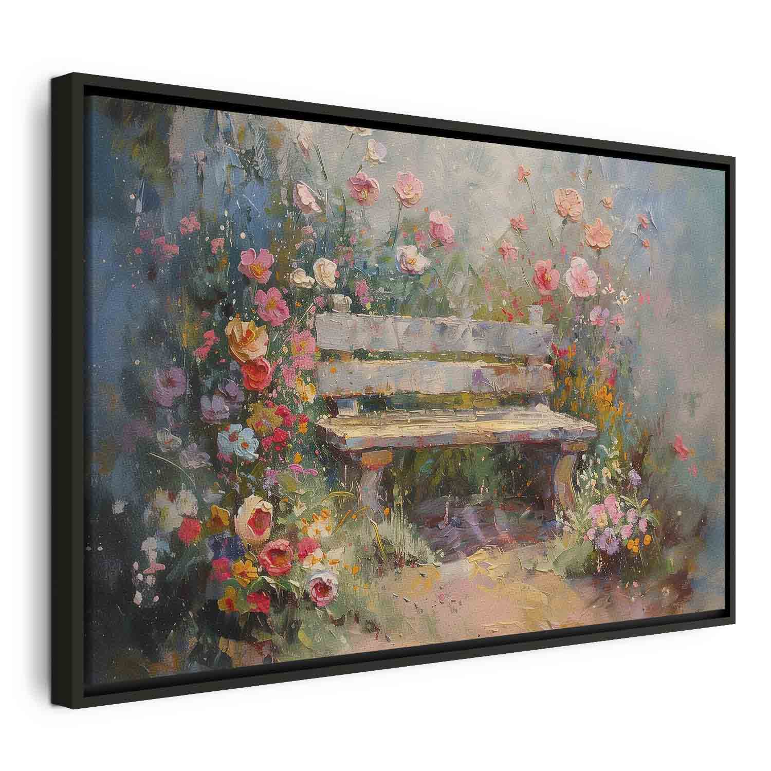 Flowery Garden Bench Impressionist Canvas Print