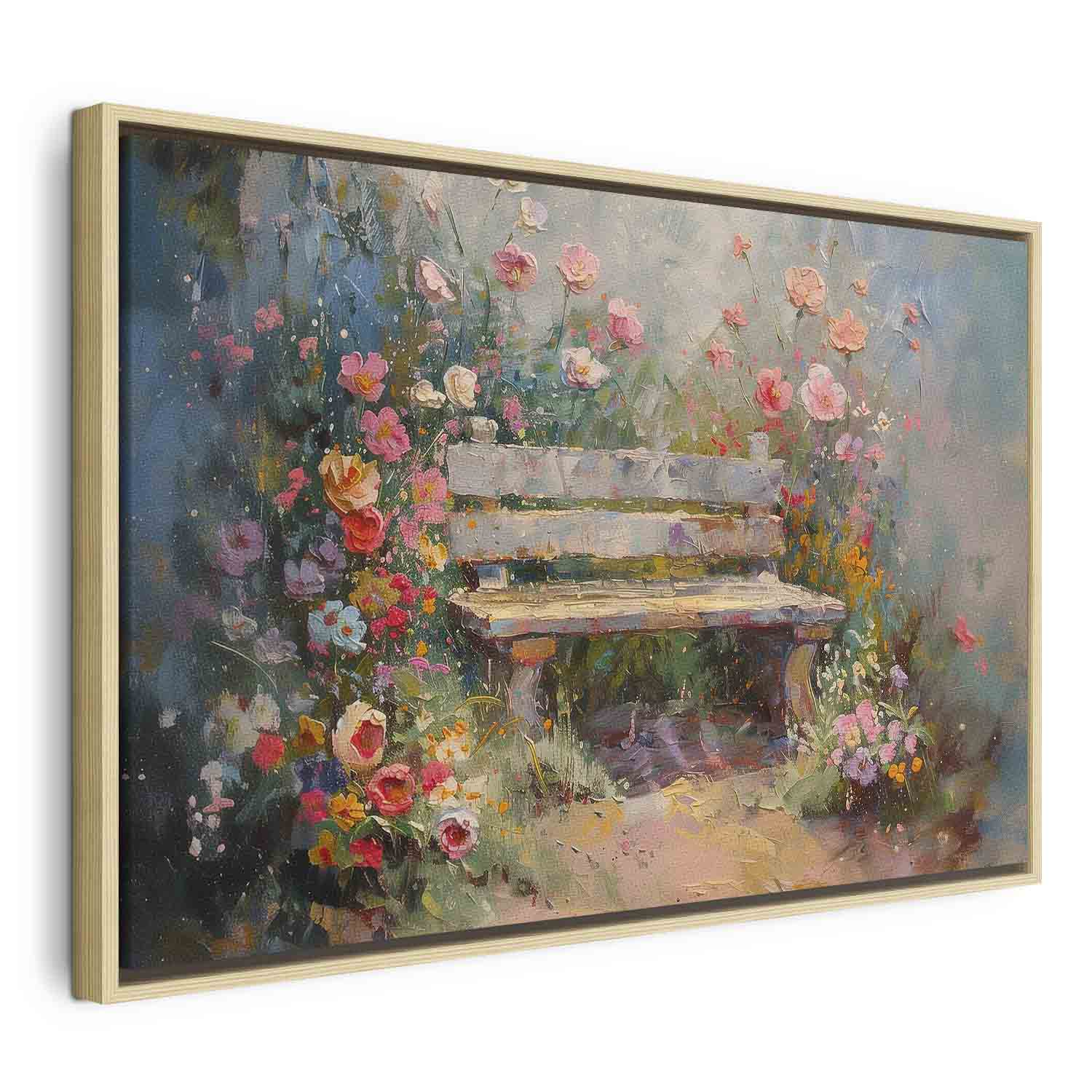 Flowery Garden Bench Impressionist Canvas Print