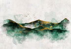 Wall Mural - Abstract landscape - green mountains with golden patterns and birds