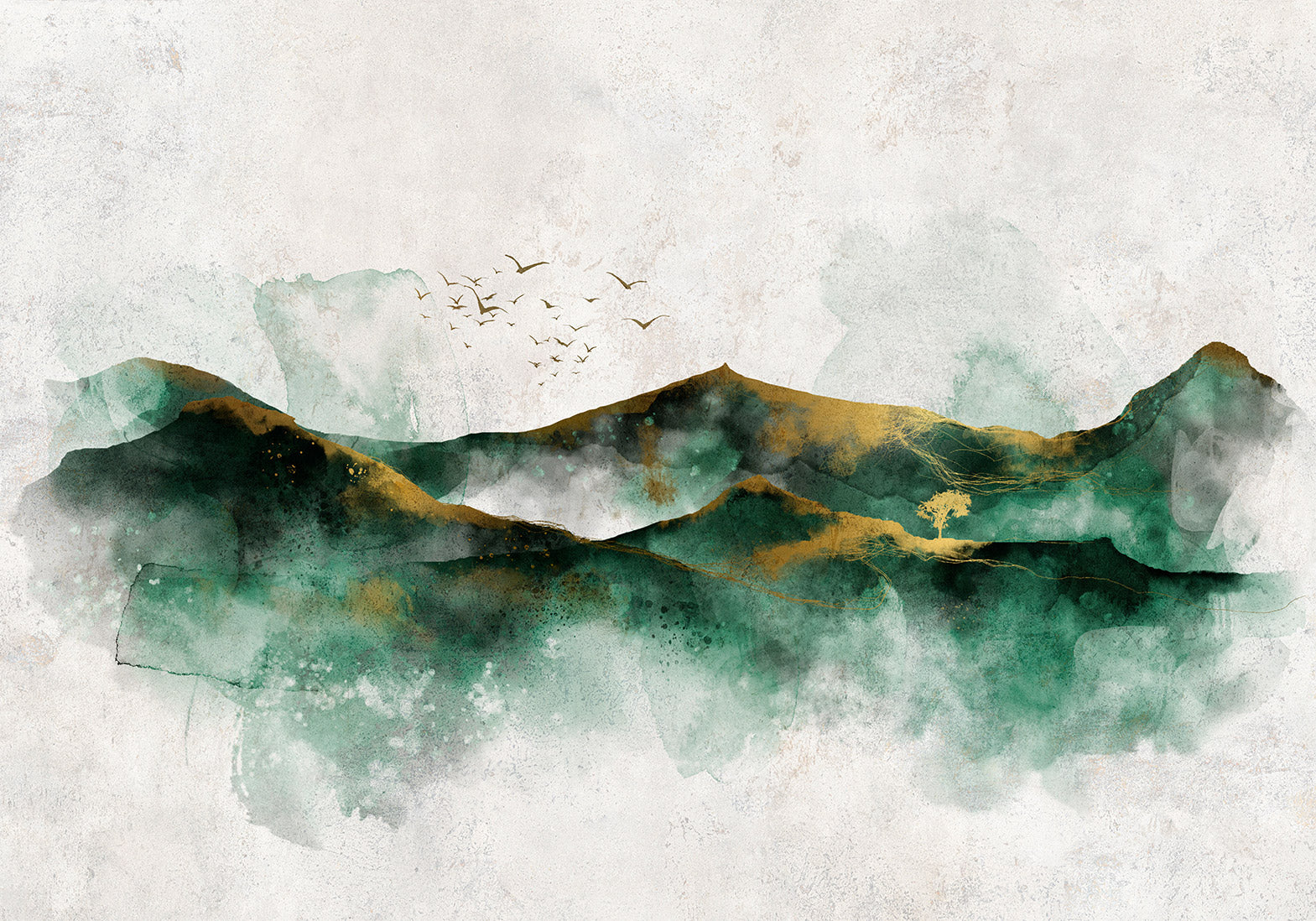 Wall Mural - Abstract landscape - green mountains with golden patterns and birds