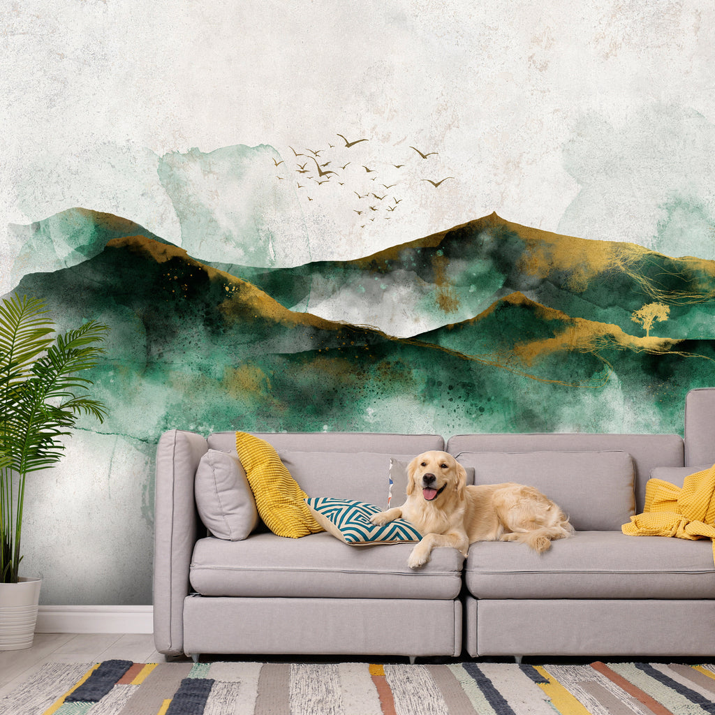 Wall Mural - Abstract landscape - green mountains with golden patterns and birds