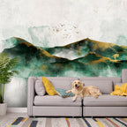 Wall Mural - Abstract landscape - green mountains with golden patterns and birds