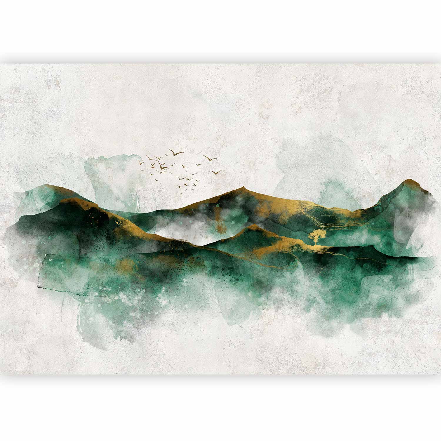 Wall Mural - Abstract landscape - green mountains with golden patterns and birds