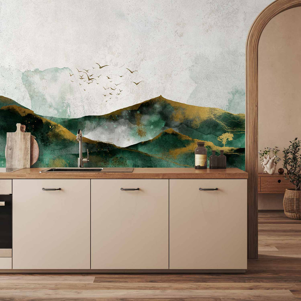 Wall Mural - Abstract landscape - green mountains with golden patterns and birds