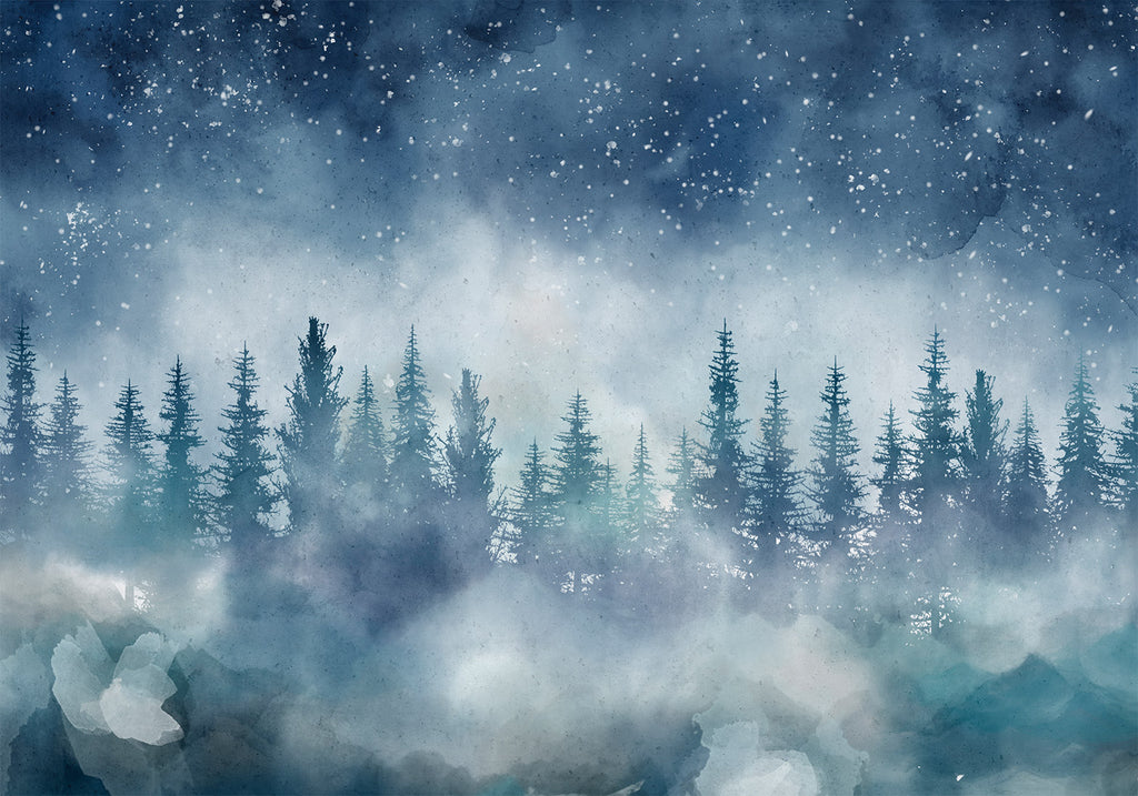 Wall mural Night landscape with starry sky and misty forest