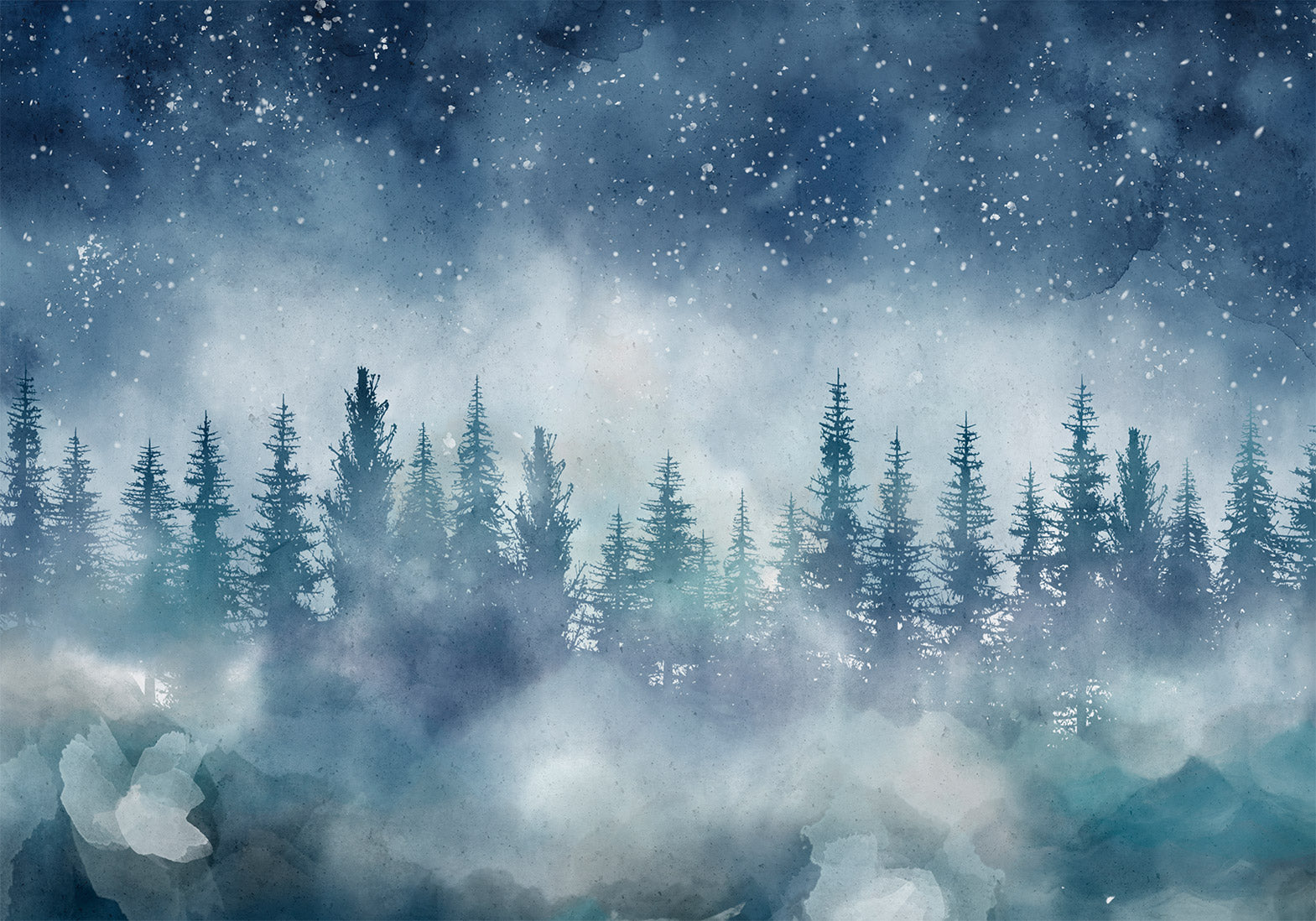 Wall mural Night landscape with starry sky and misty forest