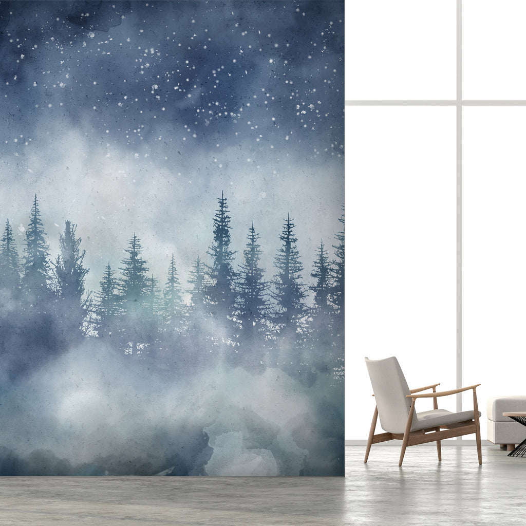 Wall mural Night landscape with starry sky and misty forest