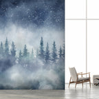 Wall mural Night landscape with starry sky and misty forest