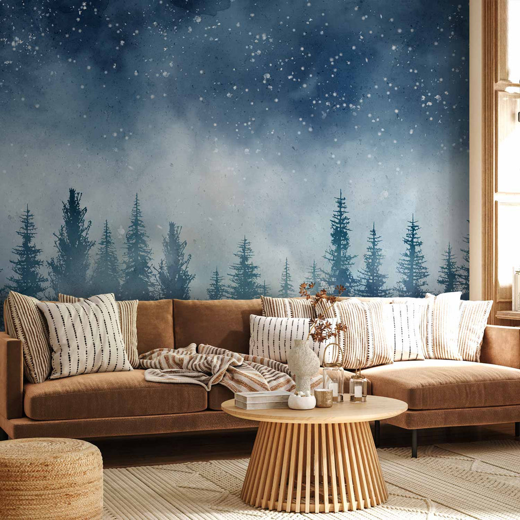 Wall mural Night landscape with starry sky and misty forest