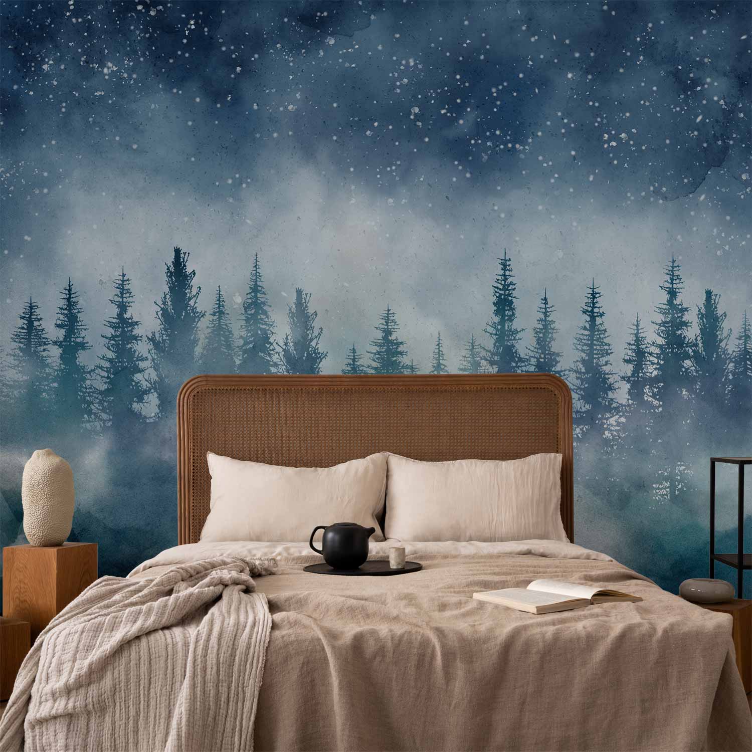 Misty Night Forest Starry Sky Wall Mural