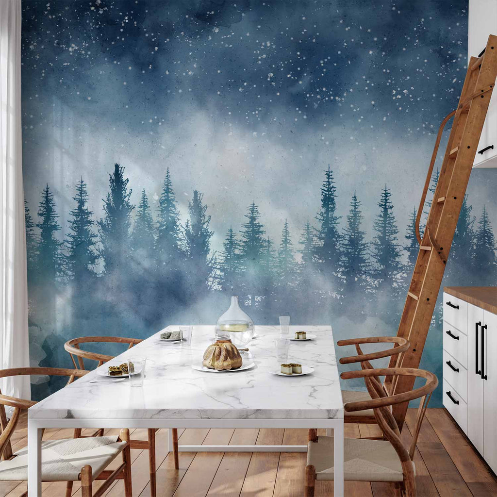 Wall mural Night landscape with starry sky and misty forest