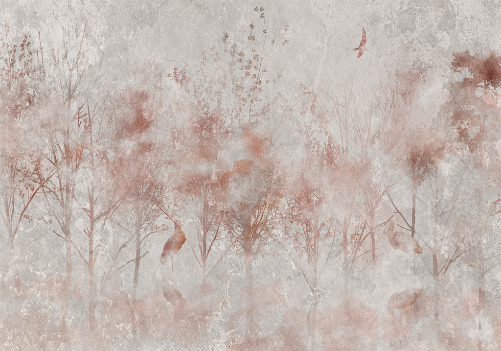 Wall Mural - Autumn landscape - abstract with trees and birds on a textured background