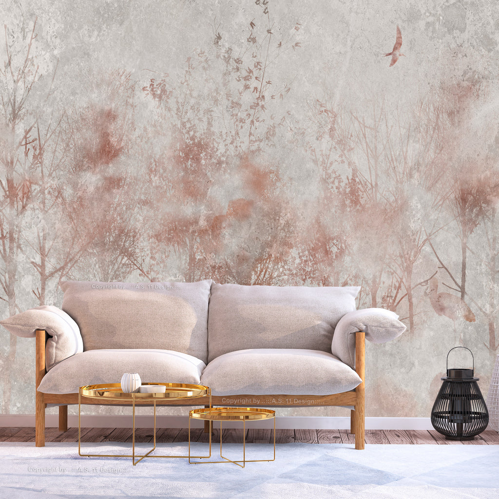 Wall Mural - Autumn landscape - abstract with trees and birds on a textured background