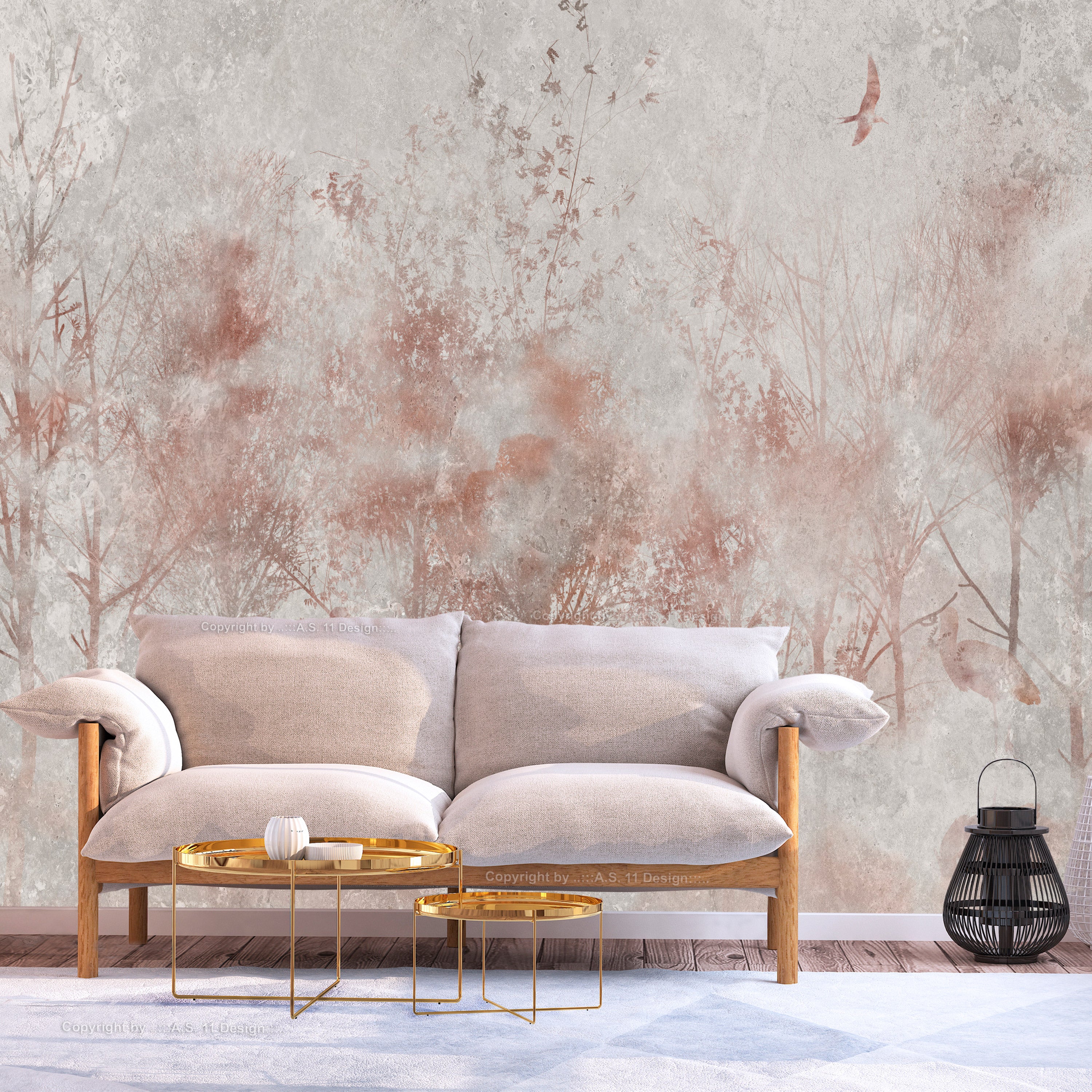 Wall Mural - Autumn landscape - abstract with trees and birds on a textured background