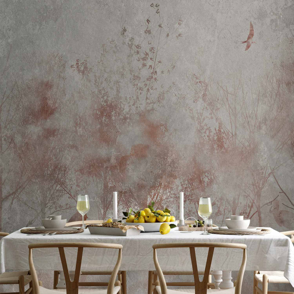 Wall Mural - Autumn landscape - abstract with trees and birds on a textured background