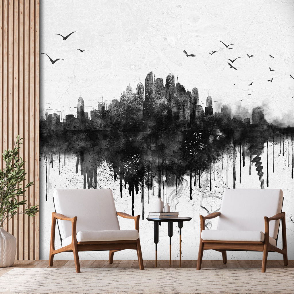 Wall Mural - Big City Skyline in Black Watercolour