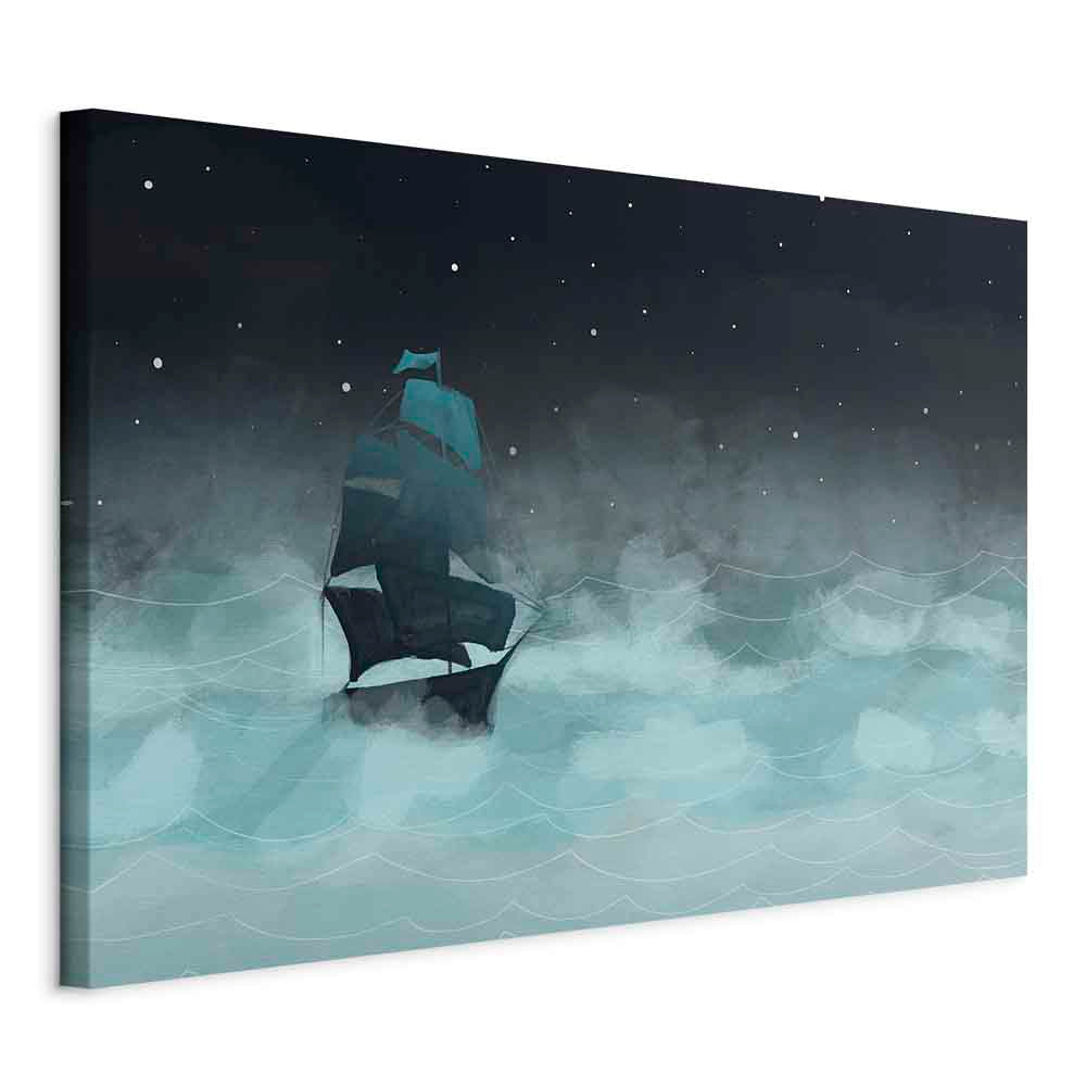 Night Ocean Waves and Ship Landscape Canvas Print