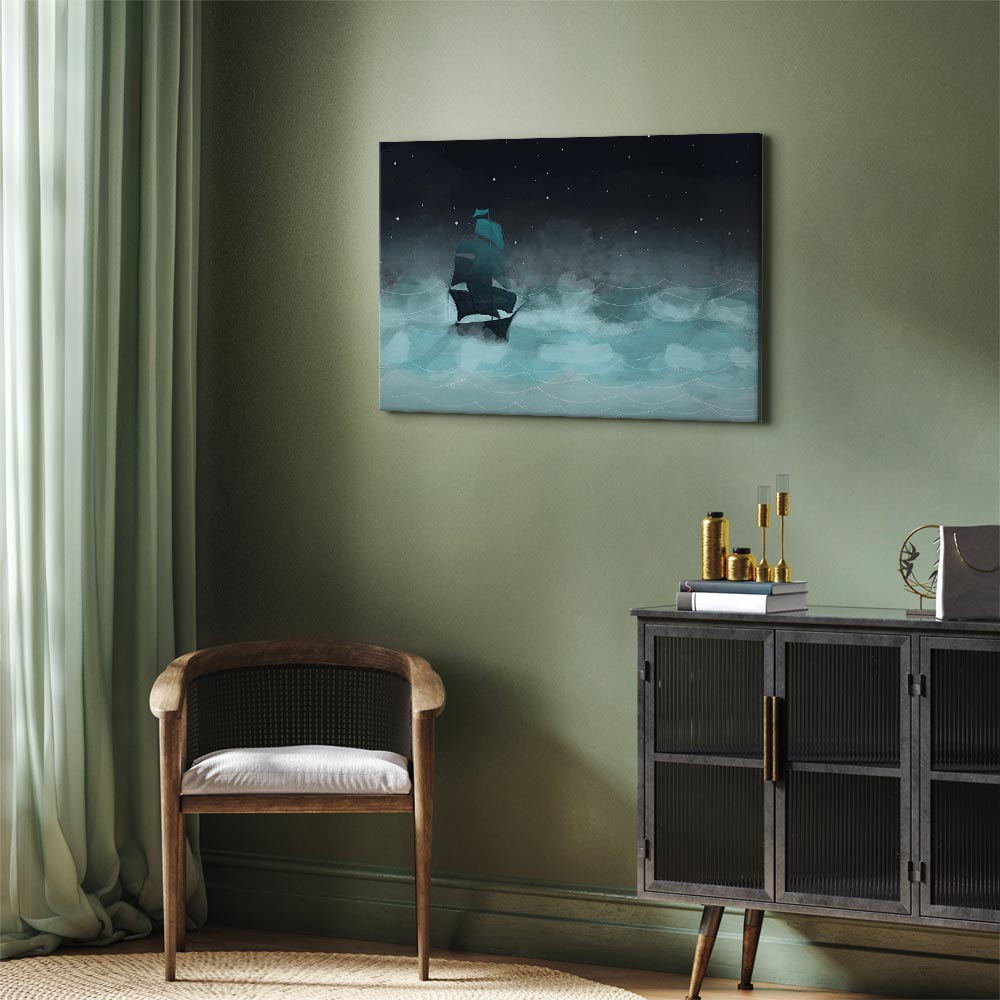 Night Ocean Waves and Ship Landscape Canvas Print