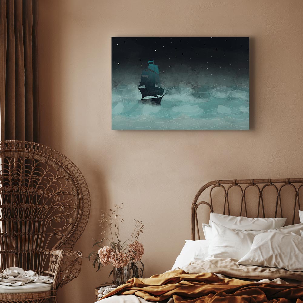 Night Ocean Waves and Ship Landscape Canvas Print