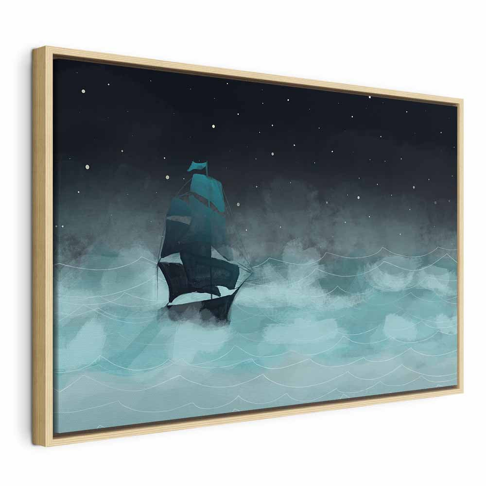 Night Ocean Waves and Ship Landscape Canvas Print