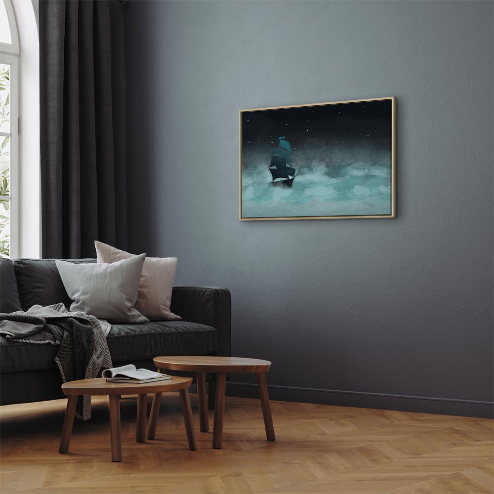 Night Ocean Waves and Ship Landscape Canvas Print