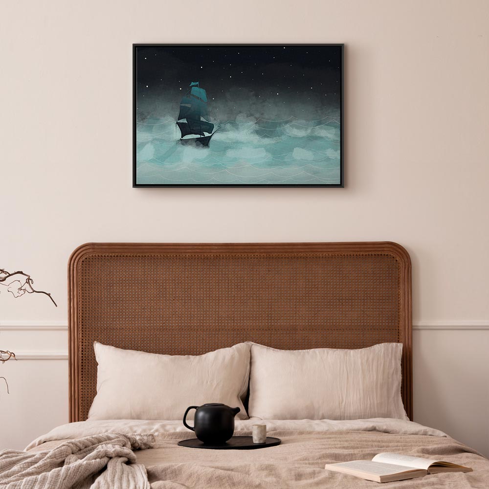 Night Ocean Waves and Ship Landscape Canvas Print