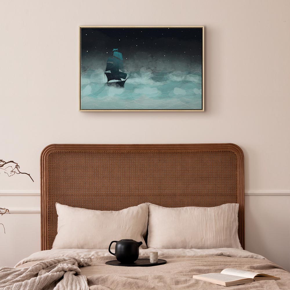 Night Ocean Waves and Ship Landscape Canvas Print