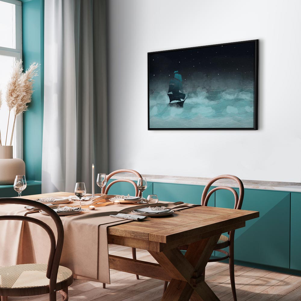 Night Ocean Waves and Ship Landscape Canvas Print