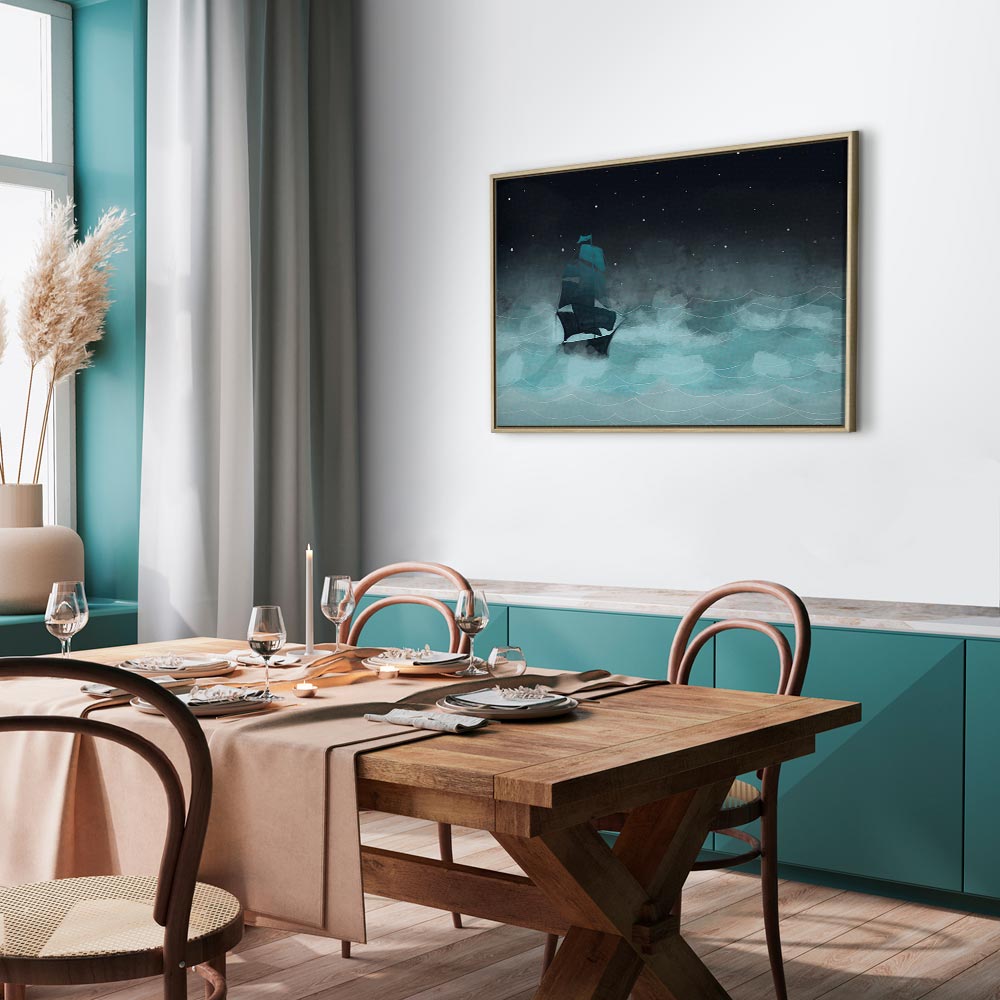 Night Ocean Waves and Ship Landscape Canvas Print