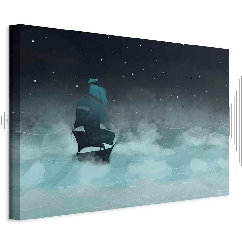 Night Ocean Waves and Ship Landscape Canvas Print