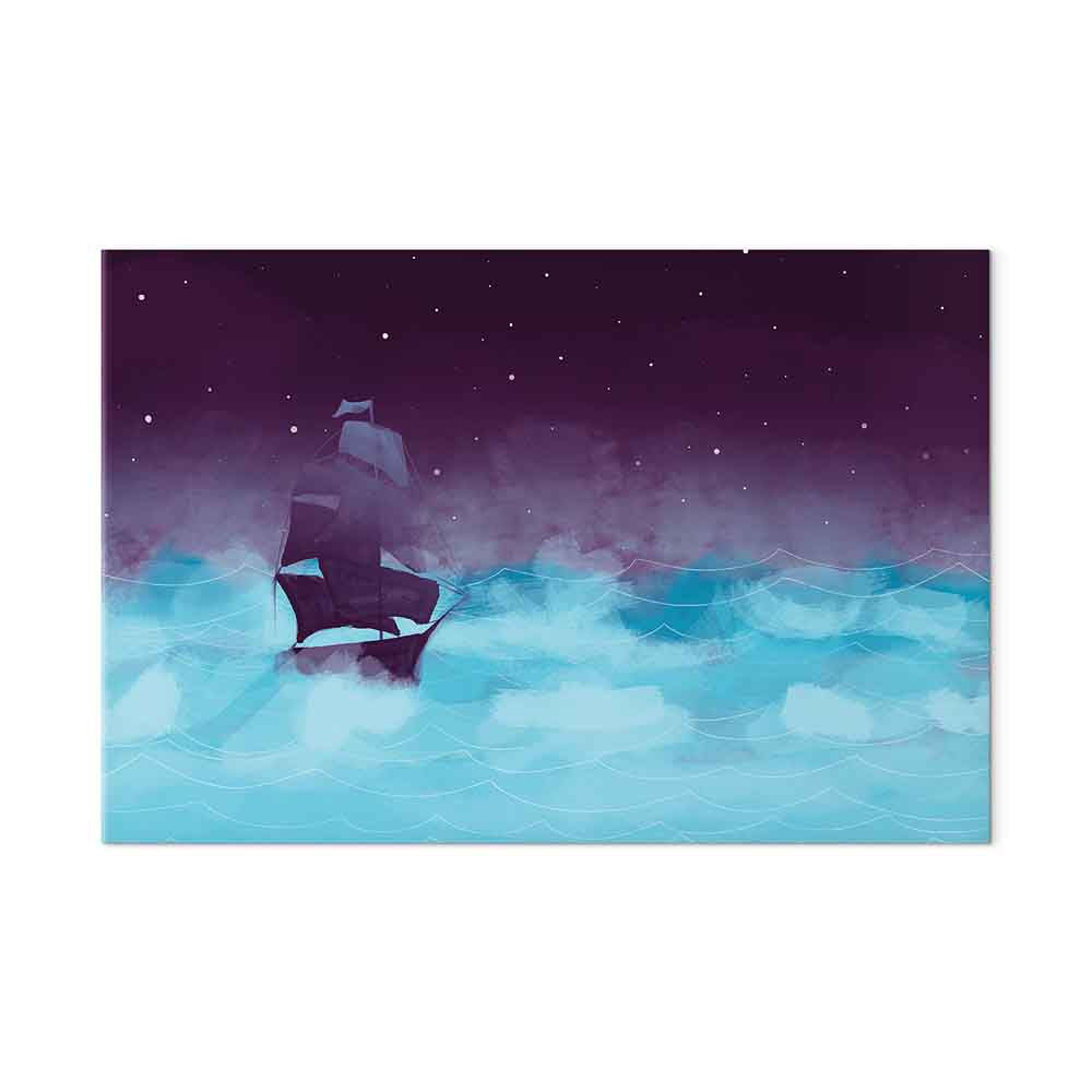 Night Ocean Ship and Stars Landscape Canvas Print