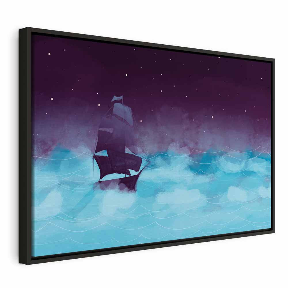 Night Ocean Ship and Stars Landscape Canvas Print