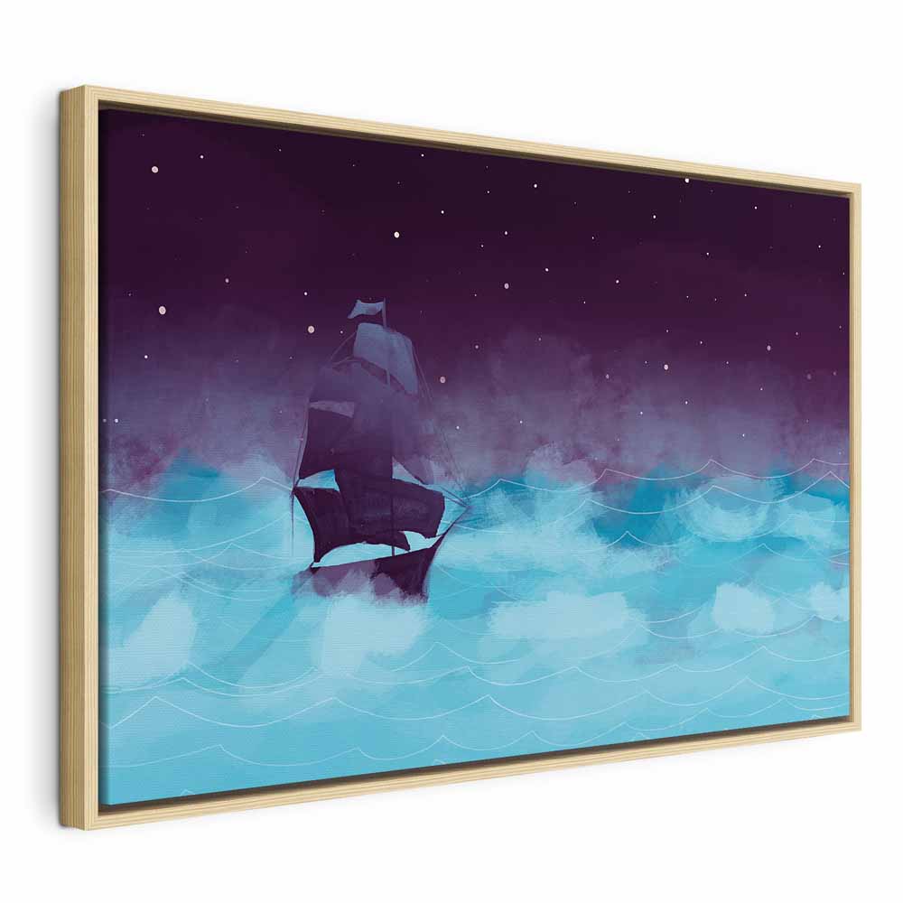 Night Ocean Ship and Stars Landscape Canvas Print