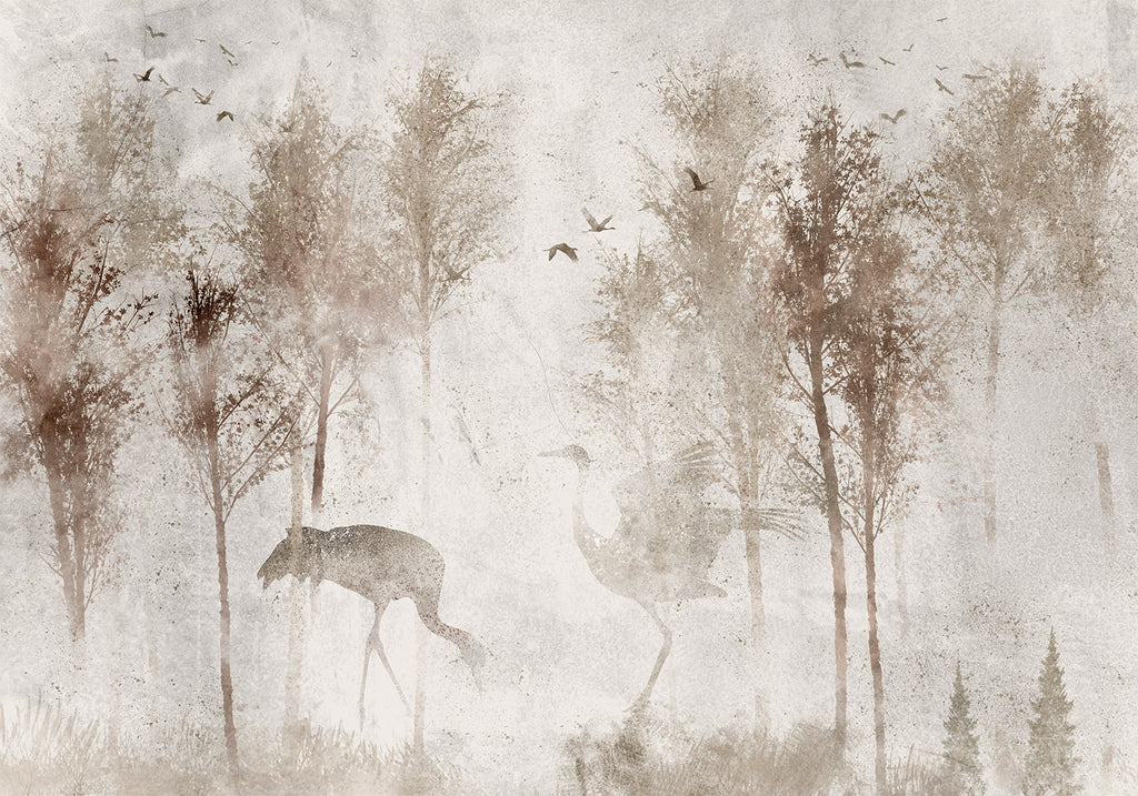 Wall Mural - Among the trees landscape in grey tones with birds