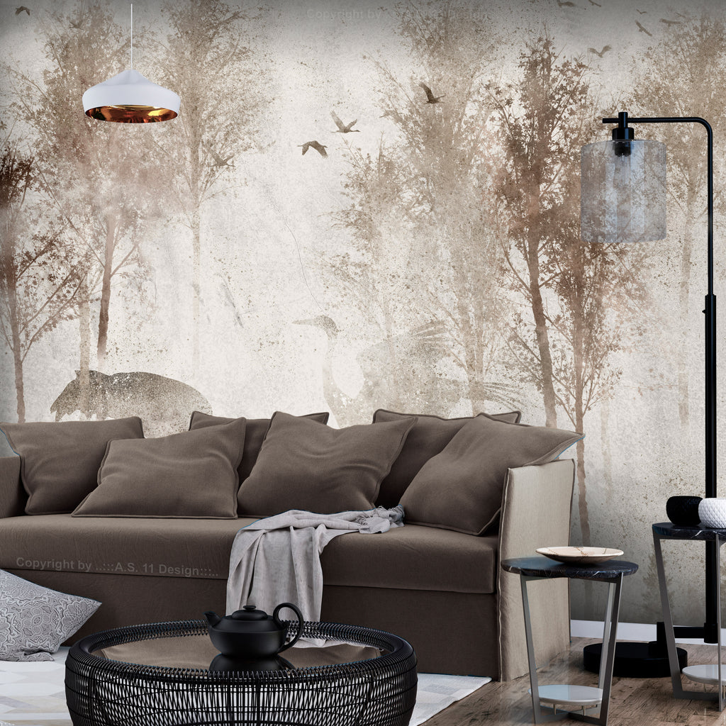 Wall Mural - Among the trees landscape in grey tones with birds