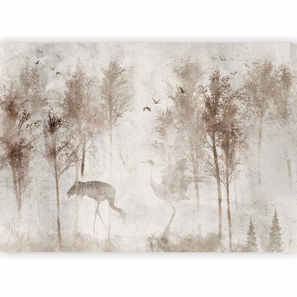Wall Mural - Among the trees landscape in grey tones with birds