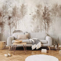 Foggy Forest Birds Grey Landscape Wall Mural