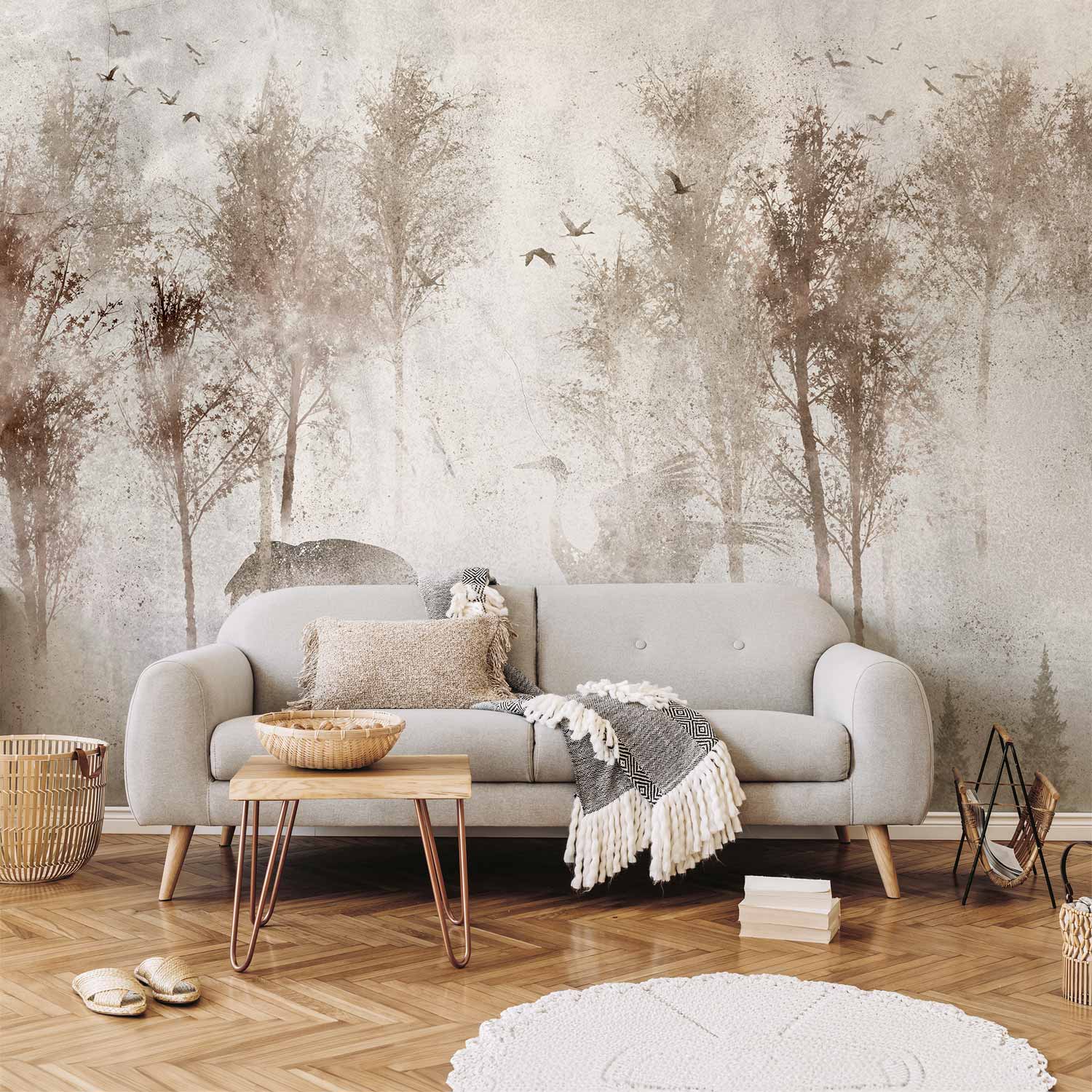 Wall Mural - Among the trees landscape in grey tones with birds
