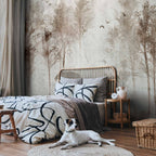 Foggy Forest Birds Grey Landscape Wall Mural