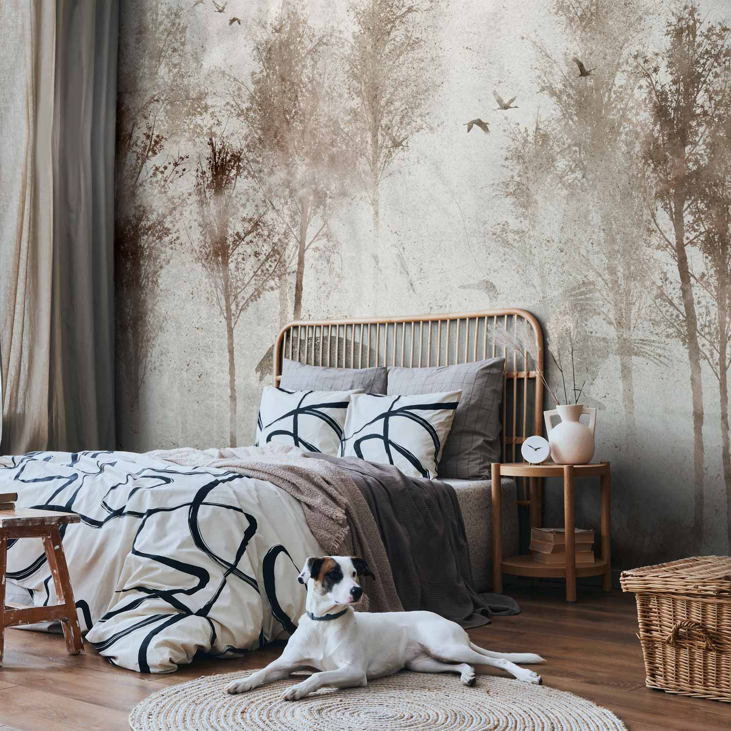 Foggy Forest Birds Grey Landscape Wall Mural