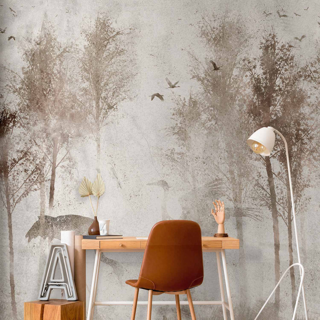 Foggy Forest Birds Grey Landscape Wall Mural