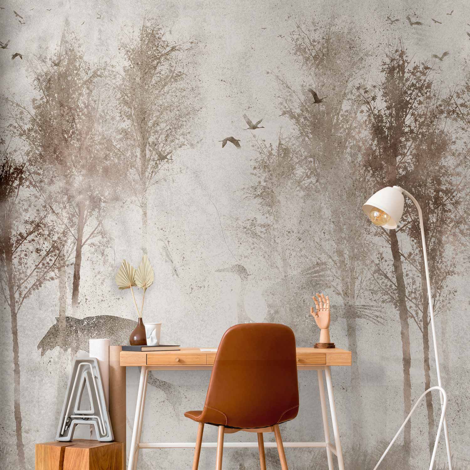 Foggy Forest Birds Grey Landscape Wall Mural