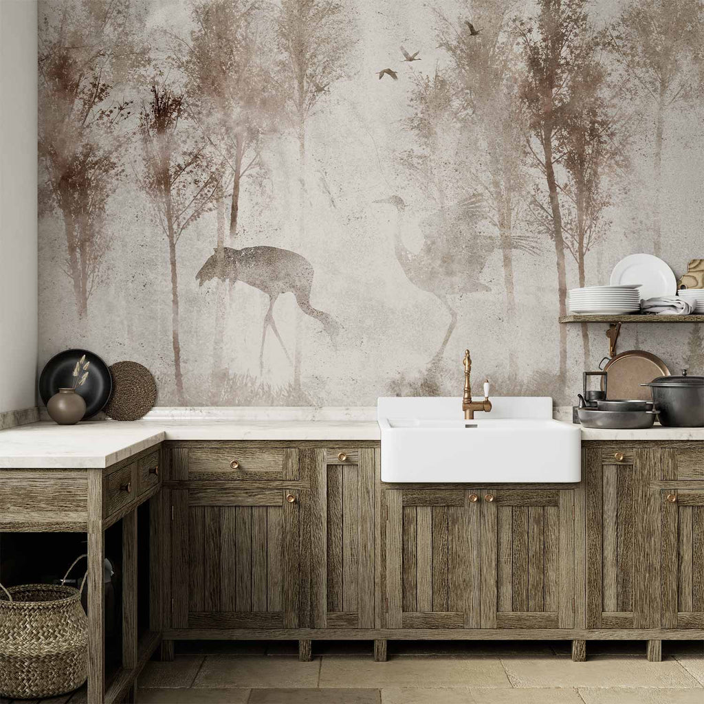 Wall Mural - Among the trees landscape in grey tones with birds
