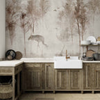 Wall Mural - Among the trees landscape in grey tones with birds