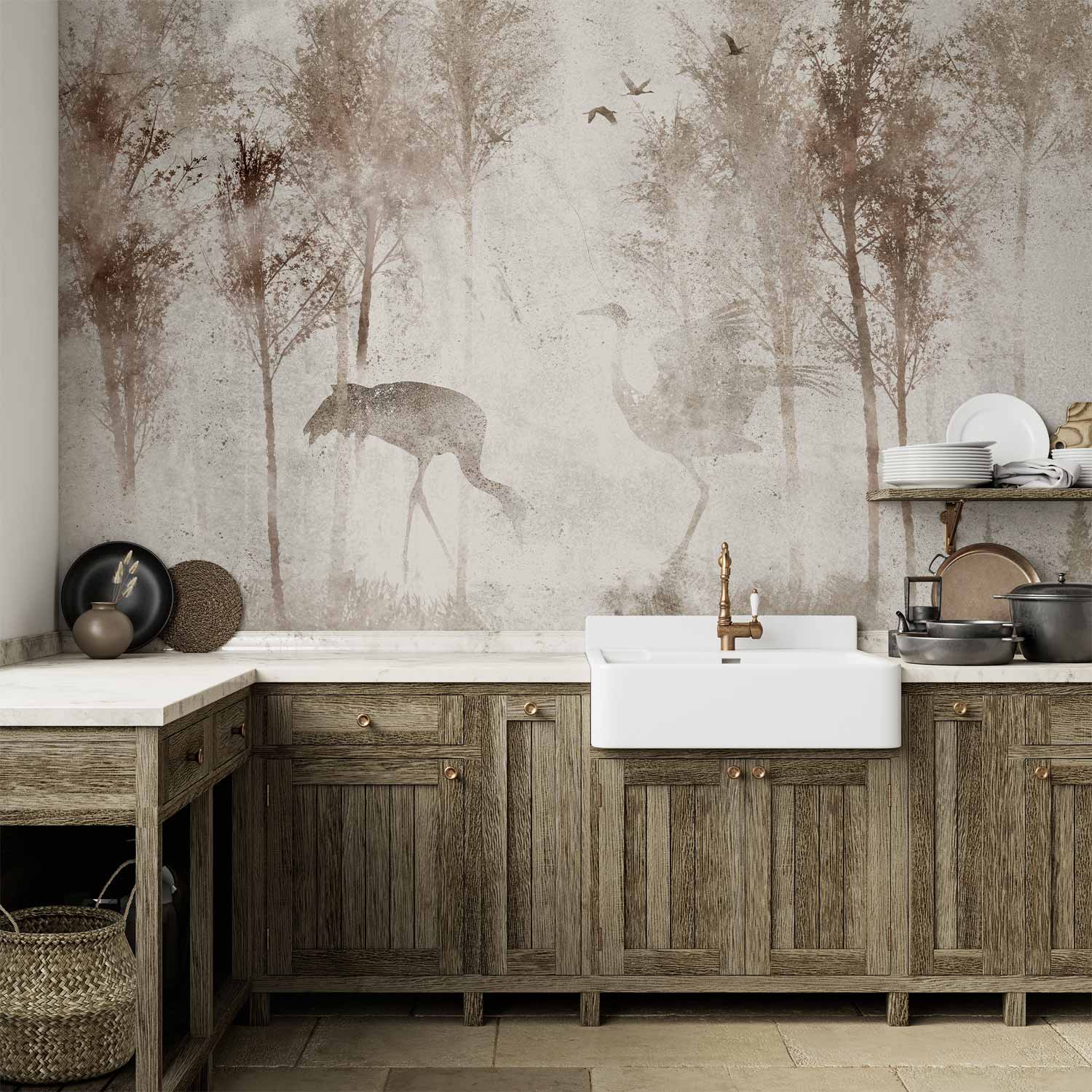 Wall Mural - Among the trees landscape in grey tones with birds